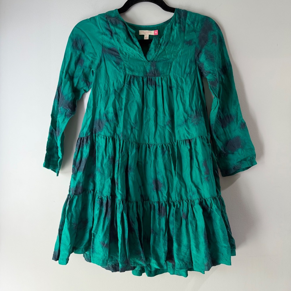Pink Chicken Dress Girls 8Y Green Tie Dye Silk Cotton Tiered Long Sleeve Good